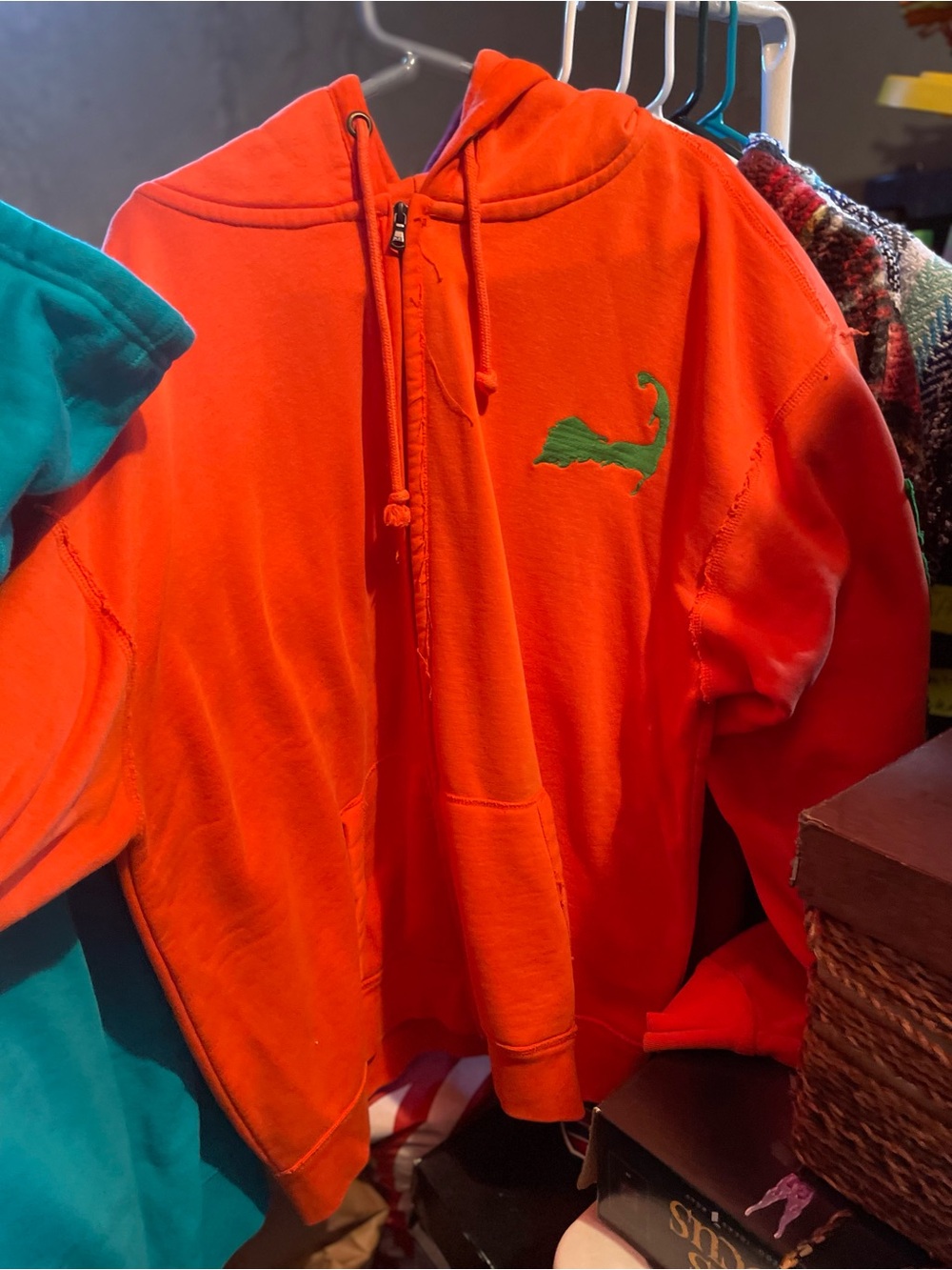 Men's Orange Hooded Zip Sweater with Green Logo
